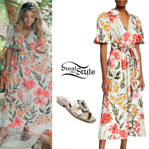 Floral Puff-Sleeve Midi Dress and Metallic Sandals