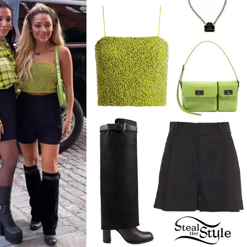 Lime Sequin Top, Black Shorts