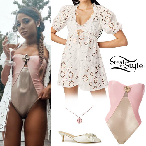 Pink and Gold Swimsuit, White Dress