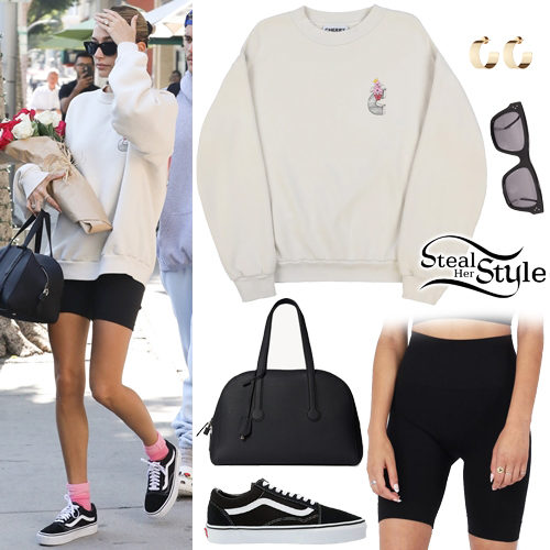 Beige Sweatshirt, Black Shorts