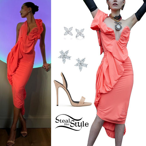 Coral Dress, Nude Sandals