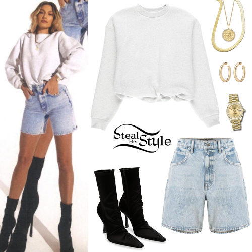 Grey Sweatshirt, Denim Shorts