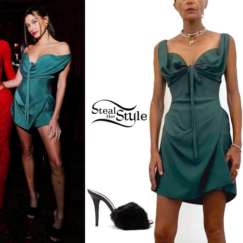 Teal Draped Mini Dress and Faux Fur Mules