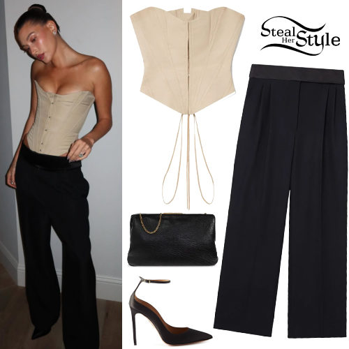 Beige Corset and Black Wide-Leg Tuxedo Trousers
