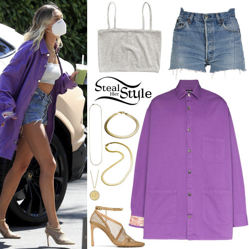 Purple Shirt, Denim Shorts