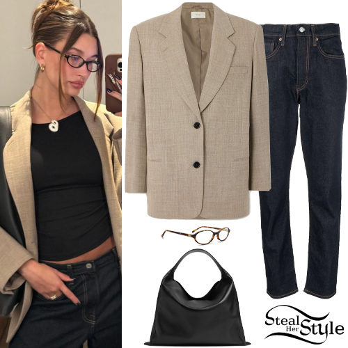 Taupe Blazer, Navy Jeans