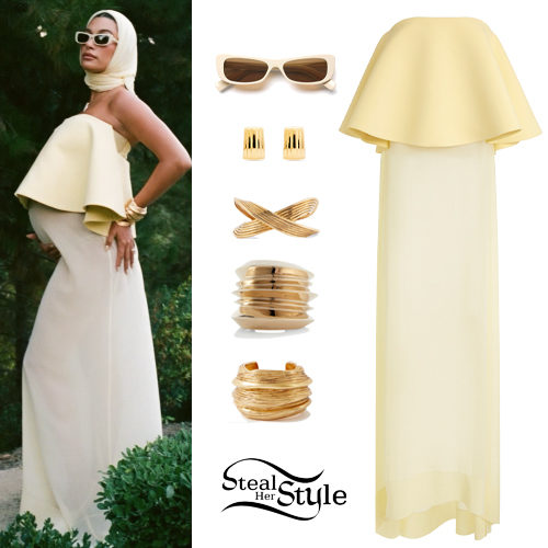 Yellow Strapless Dress and Gold Jewelry