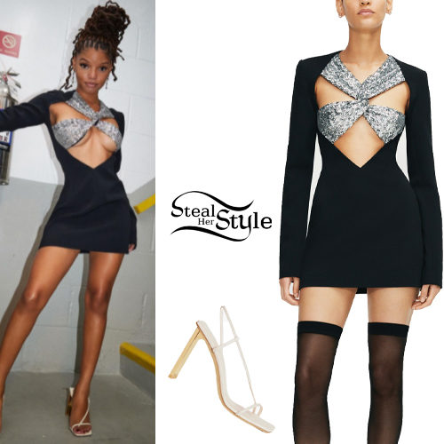 Black Mini Dress, White Sandals