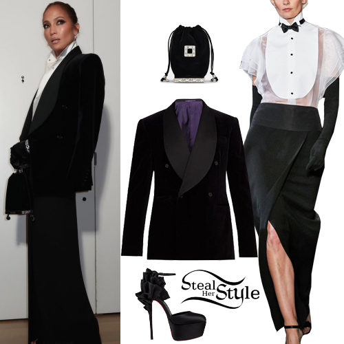 Black Velvet Tuxedo Jacket and Silk Maxi Skirt