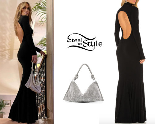 Black Open-Back Dress, Crystal Bag