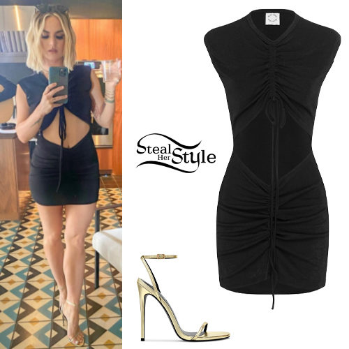 Black Mini Dress, Gold Sandals