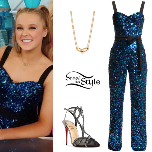 Blue Sequin Jumpsuit, Black Pumps