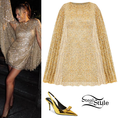 Gold Cape Dress and Pumps