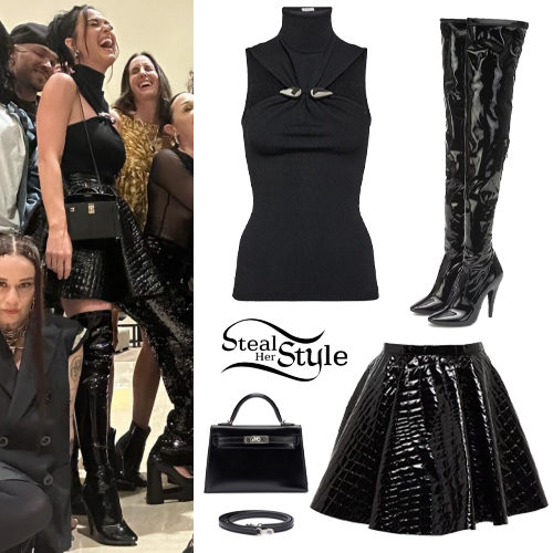 Embellished Turtleneck and Croc-Effect Mini Skirt