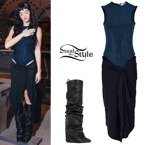 Blue Studded Midi Dress and Slouchy Wedge Boots