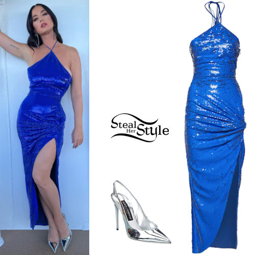 Blue Sequin Dress, Silver Pumps
