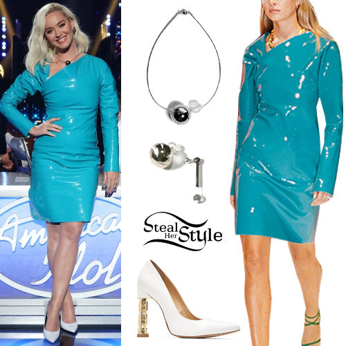 Blue Vinyl Dress, White Pumps