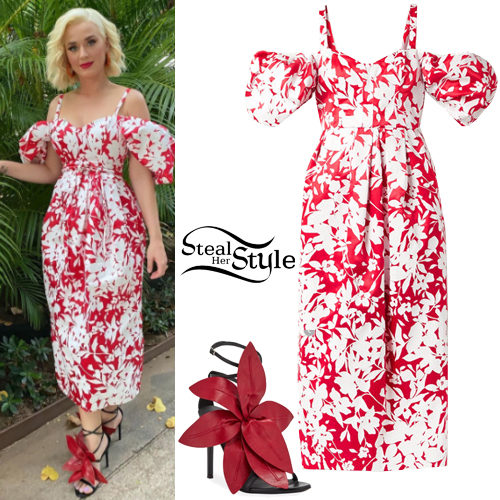 Red Printed Dress, Floral Sandals