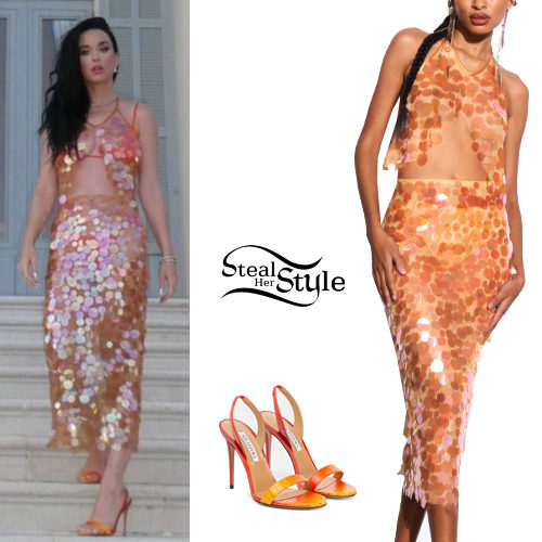 Orange Sequin Halter Set and Croc-Effect Sandals