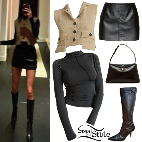 Beige Vest, Black Leather Skirt