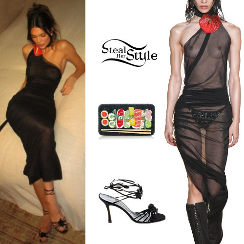 Sheer Black Drape Dress and Sushi Clutch