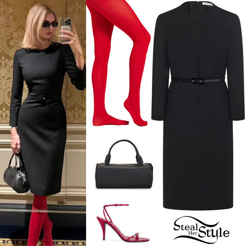 Black Midi Dress and Red Tights with Sandals