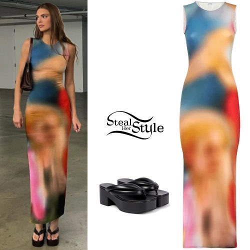 Blue Printed Bag, Black Sandals