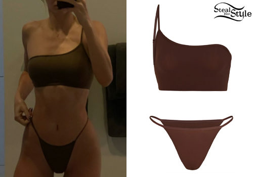 Brown One-Shoulder Bralette and String Bikini