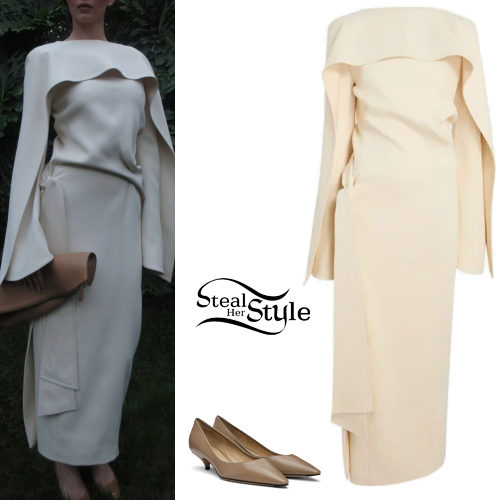 Khaite Cape Dress and Taupe Kitten Heels