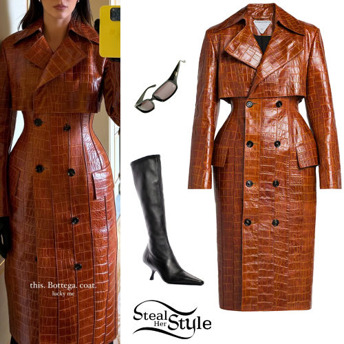 Croc-Embossed Leather Trench and Black Knee-High Boots