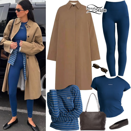 Tan Trench Coat, Blue Activewear and Ballet Flats