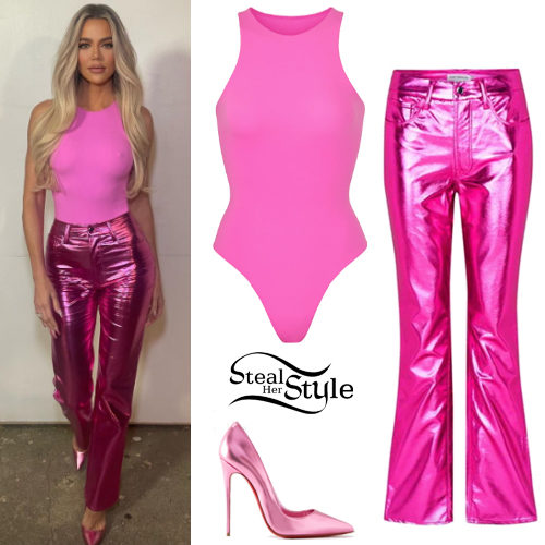 Pink Bodysuit, Metallic Pants