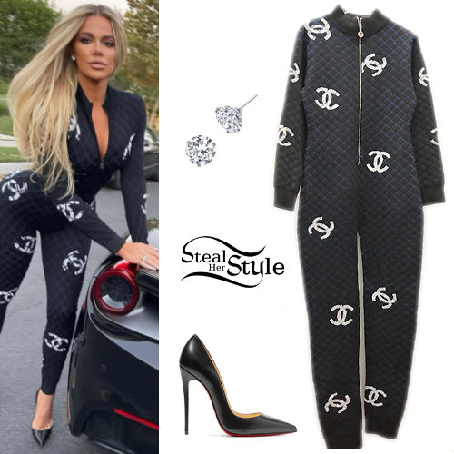 Quilted Chanel Jumpsuit and Black Pumps