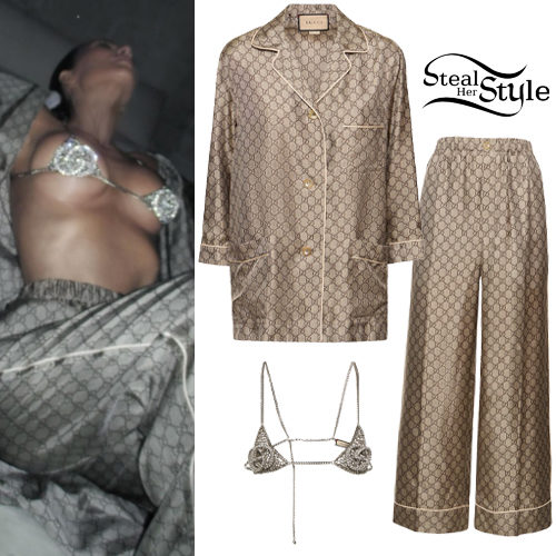 Gucci GG Supreme Silk Pajamas and Crystal Chain Bra