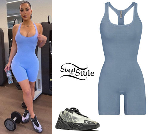 Blue Skims Mid Thigh Bodysuit and Yeezy Bone Sneakers