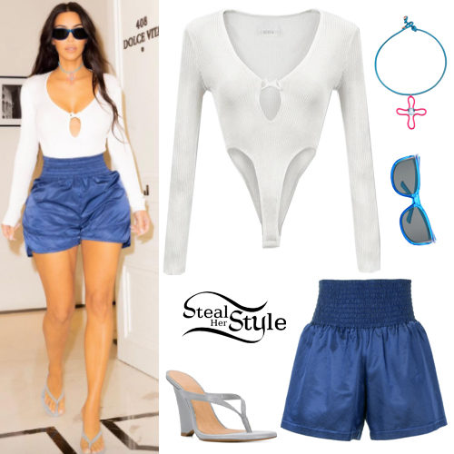 White Bodysuit, Blue Shorts