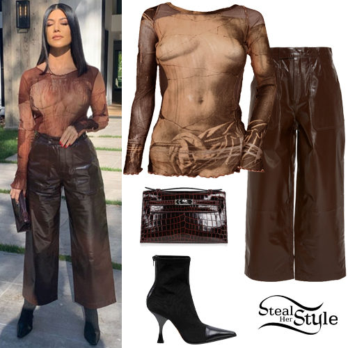 Brown Mesh Top, Leather Pants