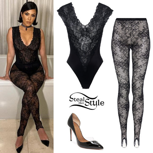 Black Lace Bodysuit and Floral Lace Stirrup Leggings