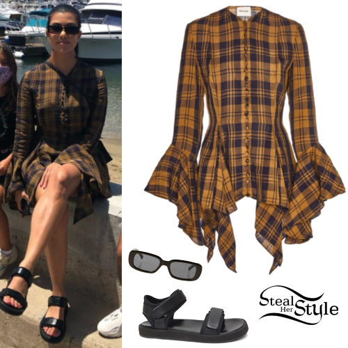 Plaid Blouse, Black Sandals
