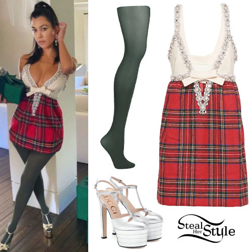 Embellished Plaid Mini Dress and Silver Platforms