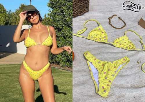 Yellow Floral Bikini and Khaki Baseball Cap