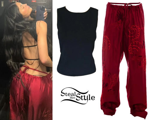Black Strappy Backless Top and Red Silk Embroidered Pants