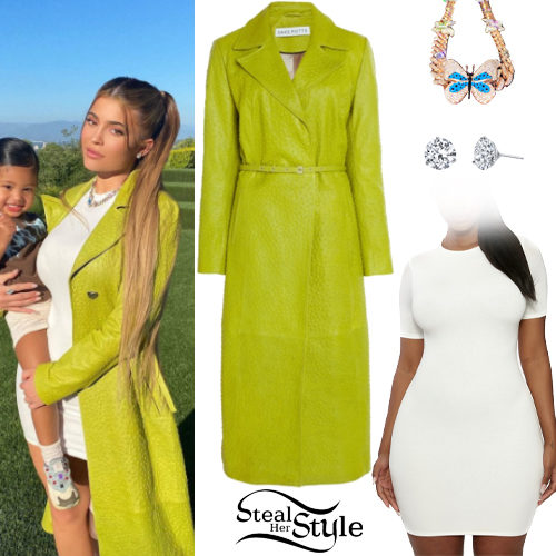 Green Coat, White Mini Dress