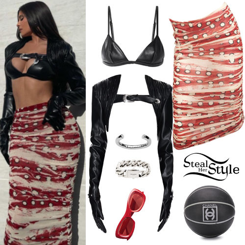 Leather Top, Red Print Skirt