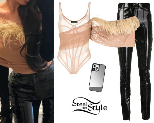 Nude Feather Bodysuit and Black Vinyl Trousers