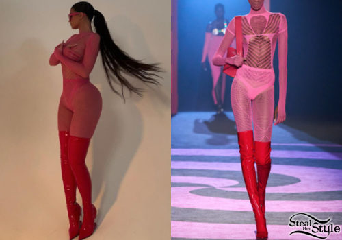 Pink Knit Catsuit and Red Over-the-Knee Boots