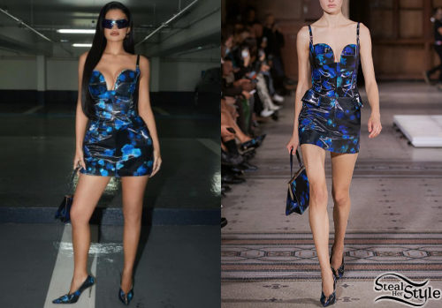 Blue Printed Latex Mini Dress and Pointed Pumps