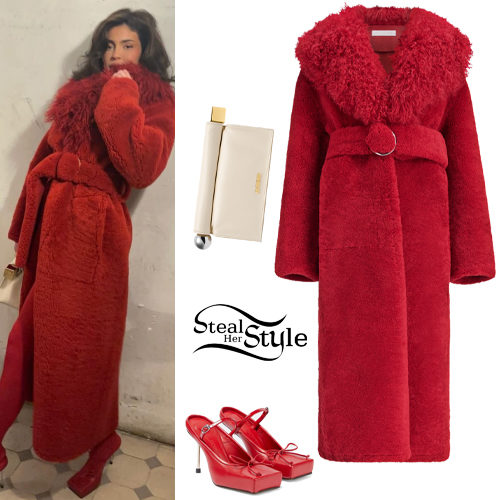 Red Shearling Coat and Ballet Pumps