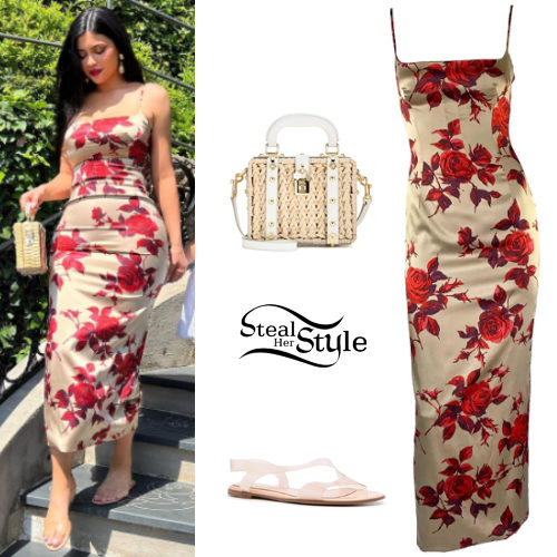 Vintage Rose Print Midi Dress and Clear Sandals