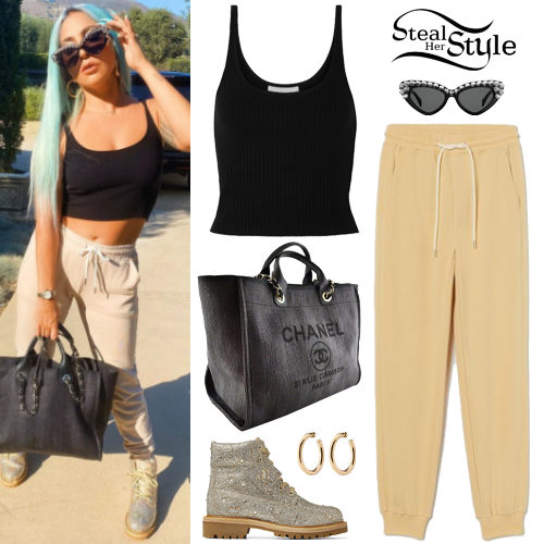 Black Tank Top, Beige Pants